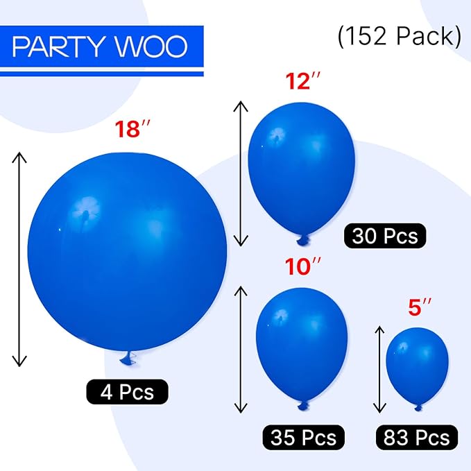 PartyWoo Royal Blue Balloons 152pcs Different Sizes Pack of 18 12 10 5 Inch Dark Blue Balloon Arch Kit for Baby Shower Gender Reveal Graduation Under The Sea Birthday Party Decorations Blue-Y5