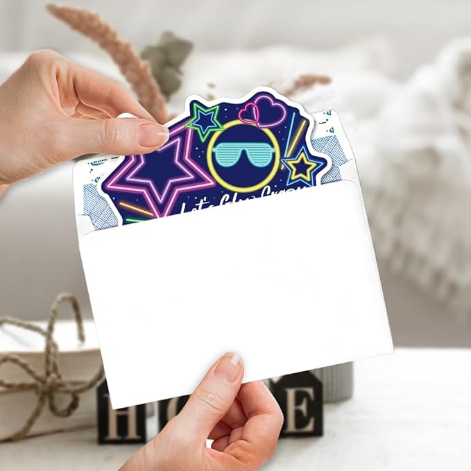 ERHACHAIJIA 15 PCS Let's Glow Crazy Glow Sticks Shaped Fill-In Invitations Cards With Envelopes, Funny Glow Neon Party Birthday Disco Raves Concert Camping Party Invites for Teen Boys Girls Adults
