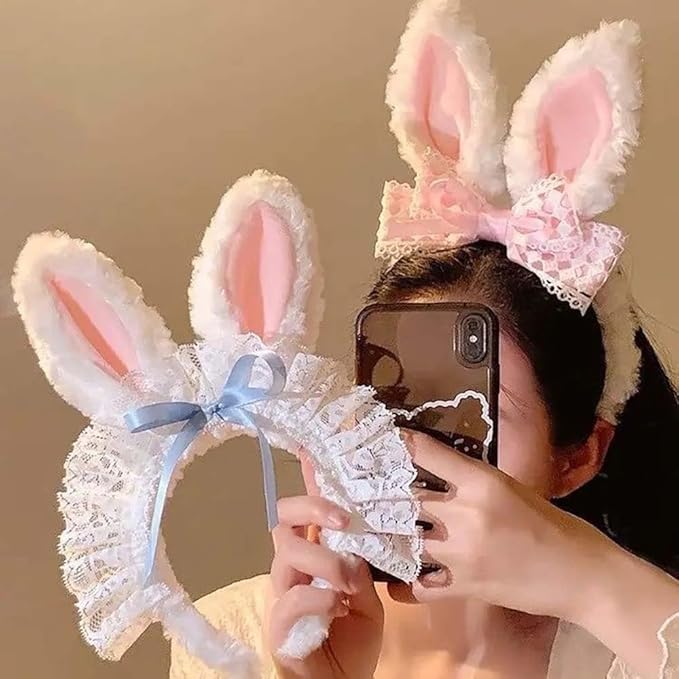 Blync Easter Bunny Ears Headband, Lace Curly Rabbit Hair Accessories, Pink Bow Hairband for Party, Photos, Cosplay