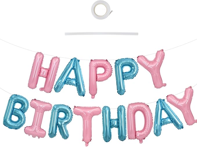 TONIFUL Happy Birthday Balloons Banner 16 Inch Mylar Foil Letters Birthday Sign Reusable for Girls Boys Kids & Adults Birthday Party Decorations Supplies（Light Pink Blue）