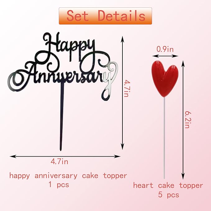 Happy Anniversary Cake Topper Happy Anniversary Cake Decorations for Party Decorations (black red heart)