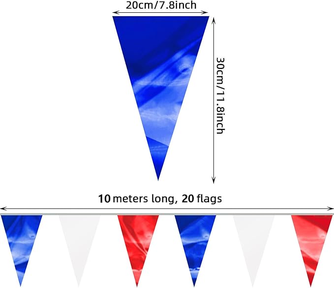 32.8FT White Blue Red Glitter Triangle Pennant Banner Flag Metallic Bunting Outdoor Garland for Christmas Graduation, Independence Day, 4th of july, Patriotic Themed Party Decoration