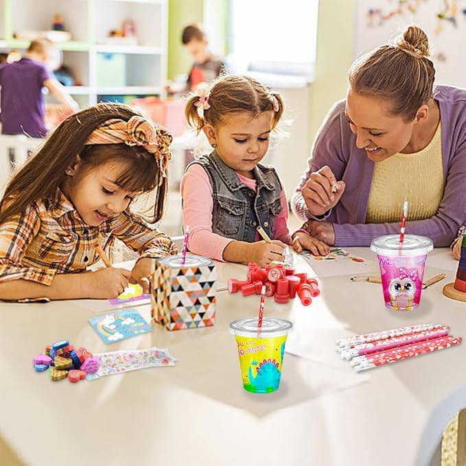 LUKBERA Valentine's Day Gifts for Kids - 24 Pack Valentines Classroom Stationery Set with Cards, Cups, Pencils, Erasers, Stampers & Stickers, Classroom Exchange Prize Boy Girls Party Favors