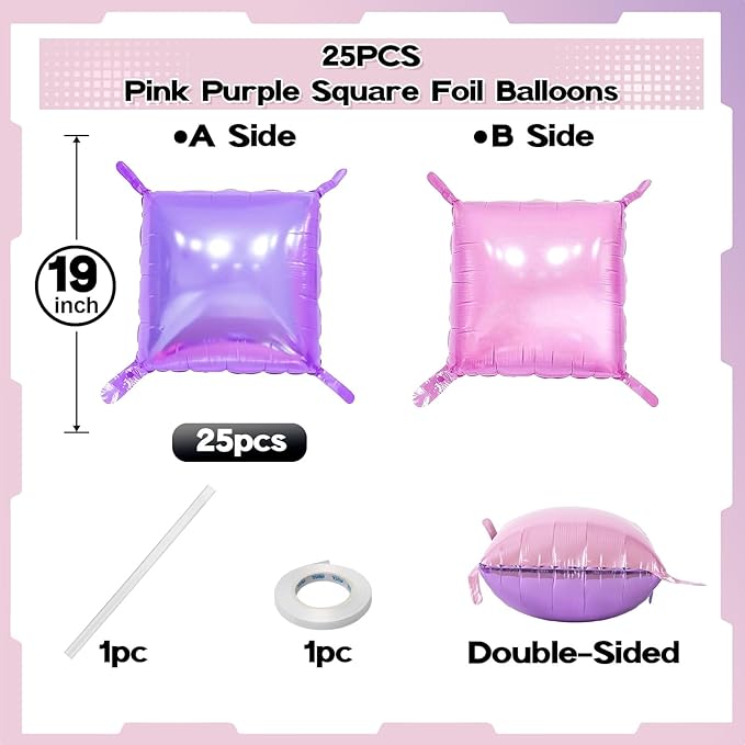 Pink and Purple Square Foil Balloons Wall, 25PCS Double Sided Pastel Pink Metallic Purple Balloons Backdrop Tunnel Flat Background Decorations for Girls Women Butterfly Theme Birthdays Baby Shower