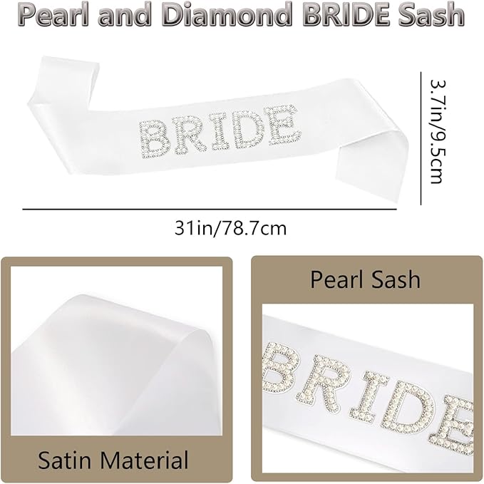 4PCS Pearl Bride to Be Sash and Veil Bride Ring Champagne Balloons Bridal Shower Sashes and Veils Accessories for Bachelorette Engagement Wedding Party Decorations