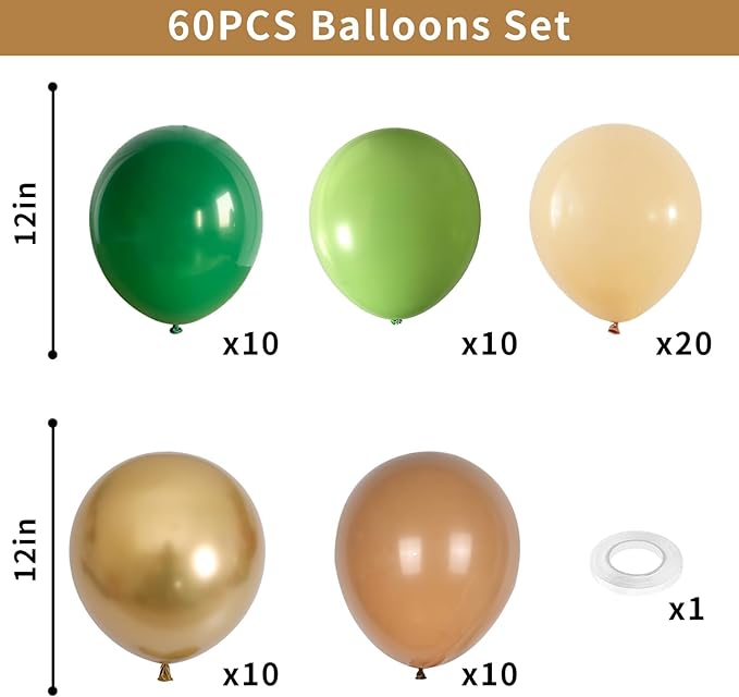 Sage Green Brown Balloons, 60PCS Green Brown Beige Jungle Safari Wild Woodland Balloon, Retro Green Metallic Gold Coffee Apricot Balloons for Boy First Birthday Baby Shower Wedding Party Decorations