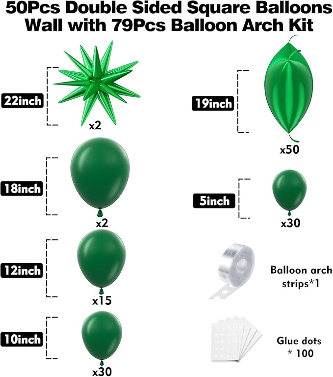 50pcs Green Square Foil Balloons Wall Backdrop with 79pcs Green Balloon Garland Arch Kit, Double Sided Balloon Tunnel for Birthday Anniversary Valentine's Day Baby Shower Summer Decorations