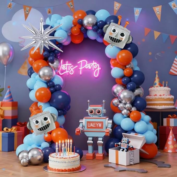 150Pcs Robot Balloon Arch Kit with Robot & Explosion Star Foil Balloons - Blue, Silver, Orange Balloons Arch Supplies for Robotics for Party, Sci-Fi Themed Birthday & Baby Shower (Blue Orange)