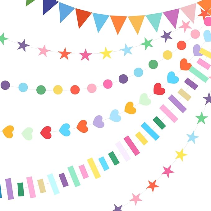 Tiamon 6 Pcs Rainbow Garland Banners Easter Tree Decoration Include Star Circle Dot Heart Rectangular Garland Colorful Pennant Banner Pre-Strung Hanging Banner for Birthday Classroom Party Decor