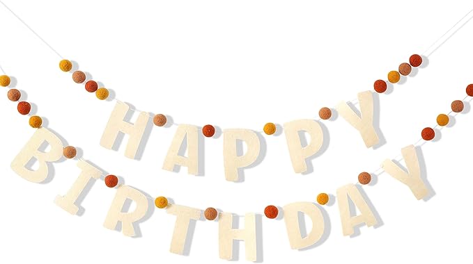 Boho Felt Happy Birthday Garland - Natural Handmade Wool Letters & Balls, Boho Birthday Decoration, Decorations for Children's Birthday Parties, Assembled Happy Birthday Banner