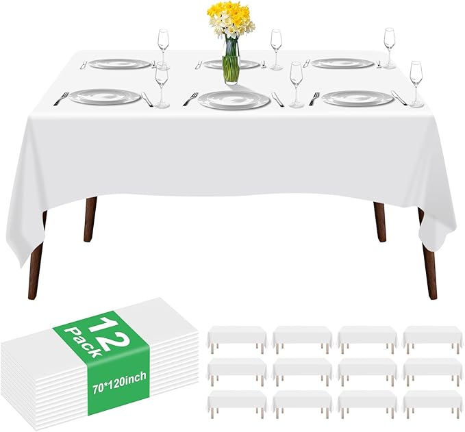 12 Pack Premium White Plastic Table Cloth -70 X 120 Inch Rectangle Tablecloth, Disposable Tablecloth Plastic Table Cover for Parties (12, White, 70" X 120" Rectangle)