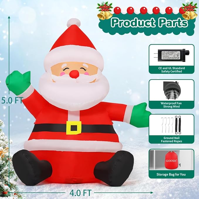 GOOSH 5 FT Christmas Inflatables Santa Claus Outdoor Decorations Blow Up Yard Sitting Santa Claus with Built-in LEDs for Holiday Xmas Garden Lawn Decor