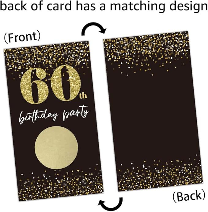 REWIDPARTY Black Gold 60th Birthday Party Scratch Off Game Cards, 32 Pieces, 3.6 x 2 x 0.5 in