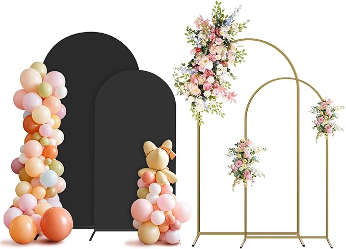 Arch Backdrop Stand and Cover Set, 3 Metal Balloon Arch Backdrop 7.2ft 6ft, Gold Arched Stand Frame for Wedding, Parties,Birthday, Backdrop Decorations (Black,7.2ft+6ft)