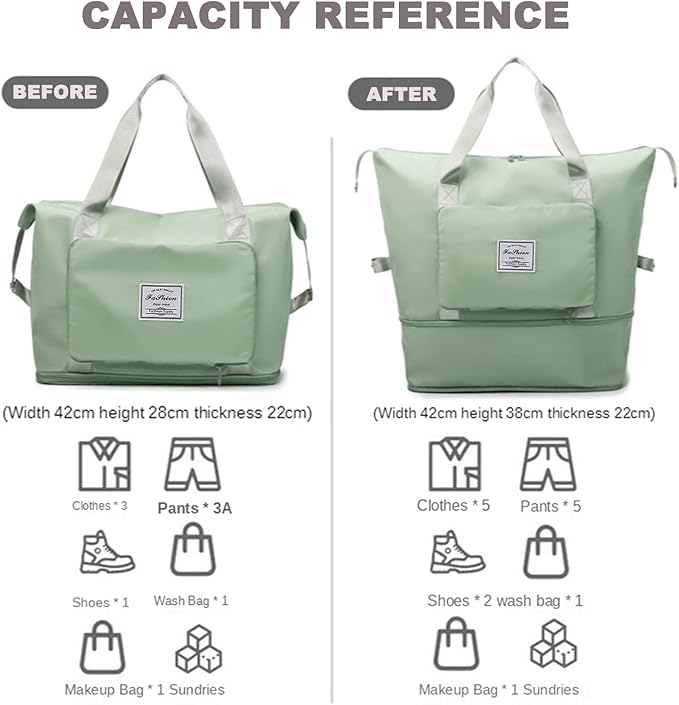 Large Capacity Folding Travel Bag, Lightweight Waterproof Luggage Bag, Expandable Travel Duffel Bag, Dry Wet Separated Gym Tote Bag, Weekender Overnight Bags for Women and Man (Light Green)