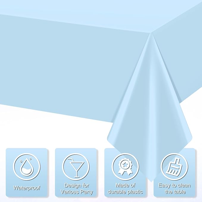 3Pcs Light Blue Tablecloths,Disposable Plastic Tablecloth,Waterproof Baby Blue Rectangle Table Cover for Graduation Birthdays Weddings Anniversary Party Decorations,54 x 108 Inch