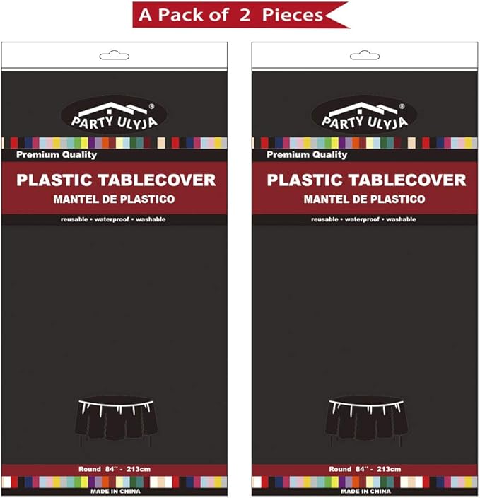 Black Plastic Tablecloths 2 Pack Disposable Table Covers 84 Inch Circle Baby Shower Party Tablecovers PEVA Opaque Table Cloths for BBQ Picnic Birthday Wedding Banquet Parties 6 ft Round Table Use