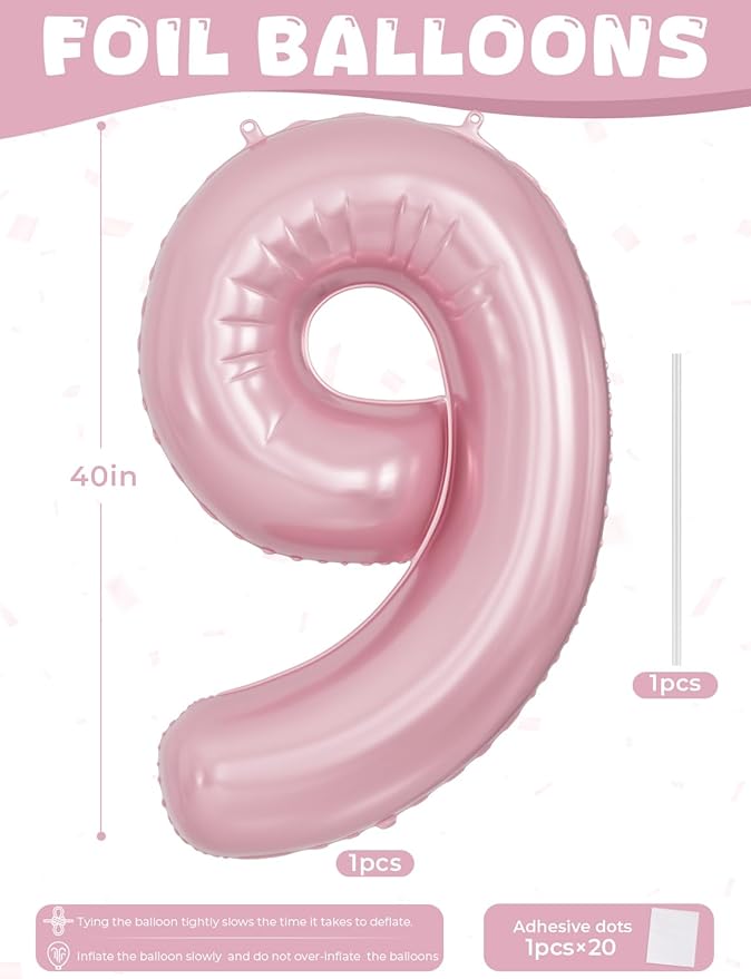 Number 9 Balloons - 40 Inch Pink Number Balloons Giant Light Pink balloon Big Foil balloon for Girls Baby Shower Birthday Princess Theme Party Decorations