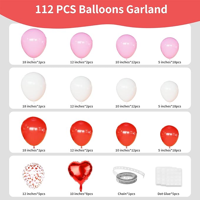 Pink and Red Balloon Arch Kit,112pcs Different Size Pink and Red Balloons,Light Pink Balloons for Birthday Valentines Day Wedding Party Decoration