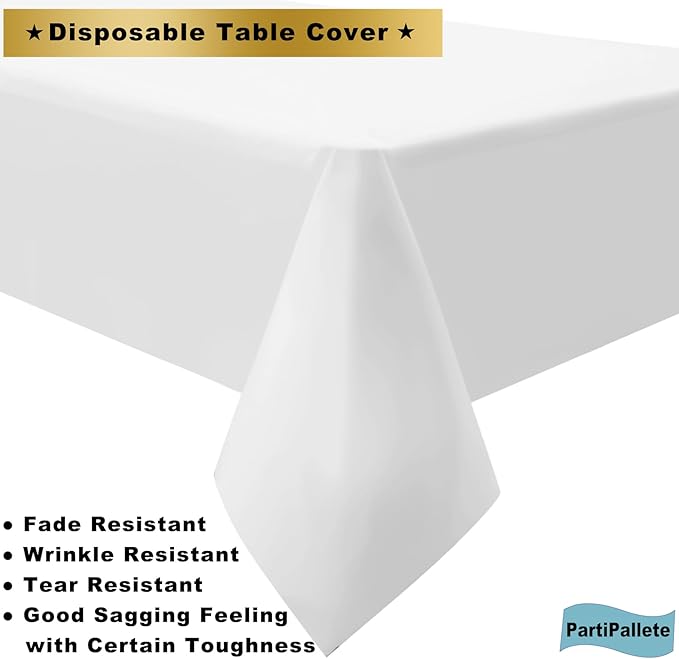 3-Pack Premium Plastic White Tablecloth Disposable 54" x 108" Rectangle Table Cover Party PEVA Table Cloths for Parties Birthday Wedding Engagement Banquet Fits up to 8 ft Long Tables
