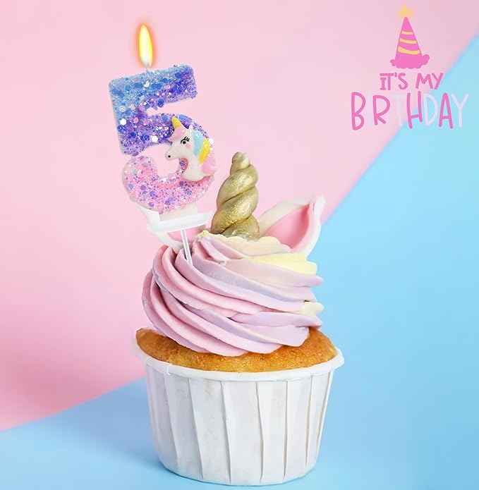 Unicorn Candle - Number 5 Candle, 5th Birthday Decorations for Girls, Colorful Sequins Birthday Candles for Cake, Cartoon Unicorn Theme Party Decorations