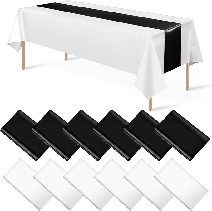 12Pack 12x108 Inch Satin Table Runner and 54x108Inch Plastic Tablecloths White and Black Disposable Rectangle Table Cover for Graduation Wedding Bridal Shower Anniversary Birthday Party Decorations