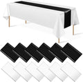 12Pack 12x108 Inch Satin Table Runner and 54x108Inch Plastic Tablecloths White and Black Disposable Rectangle Table Cover for Graduation Wedding Bridal Shower Anniversary Birthday Party Decorations