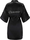 EPLAZA Women's One Size Silver Rhinestones Bride Bridesmaid Short Satin Robes for Wedding Party Getting Ready