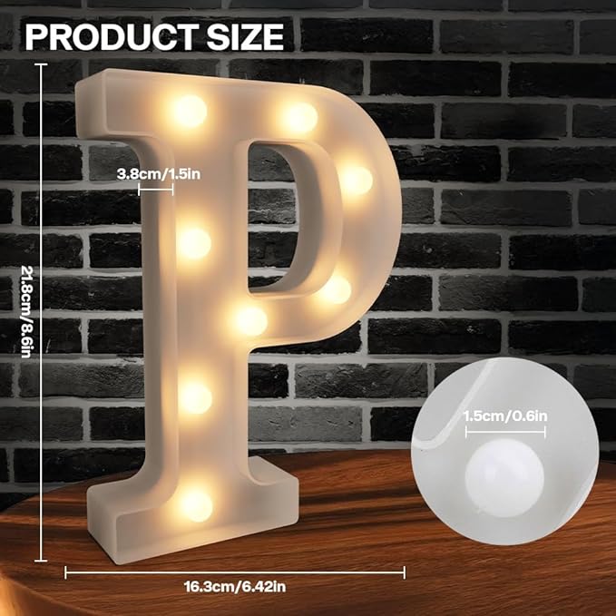 Light Up Letters Marquee, 26 Alphabet Battery Powered LED Lights Sign, White Plastic Night Light for Engagement Party, Wedding, Baby Shower, Birthday, LED Light Up Letters (P)