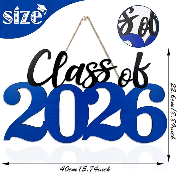 Class of 2026 Wooden Sign Blue Graduation Party Decorations 2026 Graduation Photo Booth Prop for Senior Gradua Party