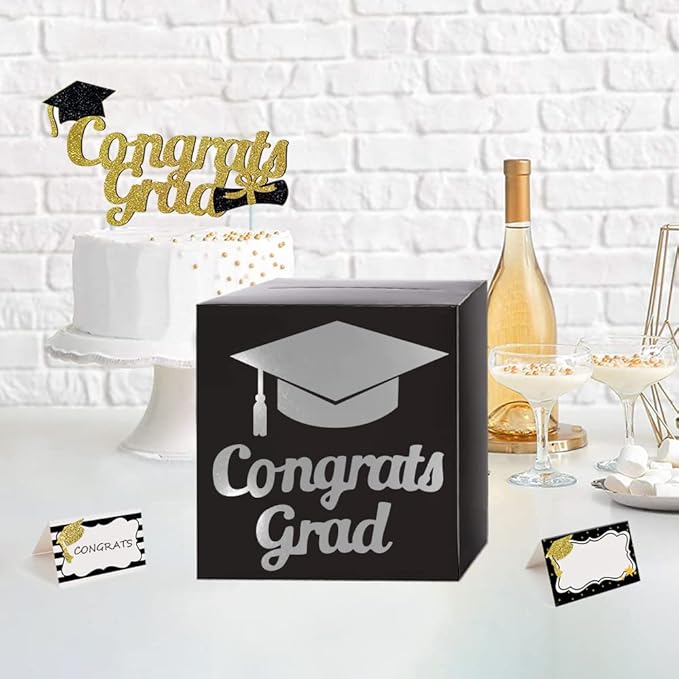 Graduation Card Box Holder, Congrats Grad Foldable Cardboard Decorations Box for Graduation Party Decoration and Grad Parties (Silver)