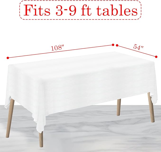 White Paper Tablecloths Disposable for Rectangle Tables 6 Pack, 3 Ply Paper & Plastic Quality Table Cloth for Parties, 54 x 108 Inch Birthday Table Cover Outdoor Wedding Banquet Tablecover