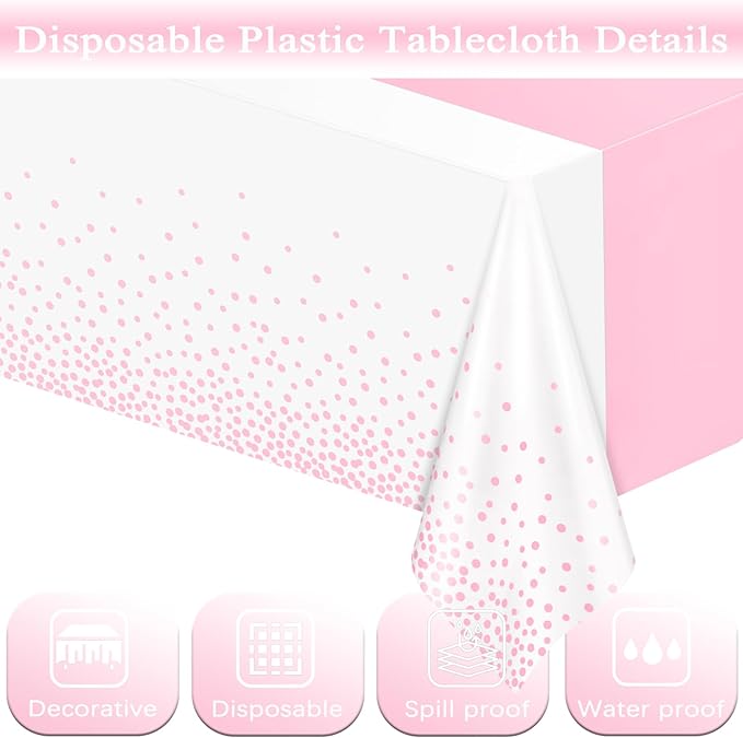 WNINK 2 Pack White and Light Pink Tablecloths, Light Pink Disposable Plastic Waterproof Table Cover, 54" x 108", for Birthday, Baby Shower，Wedding, Bridal Shower, Picnic Camping Parties