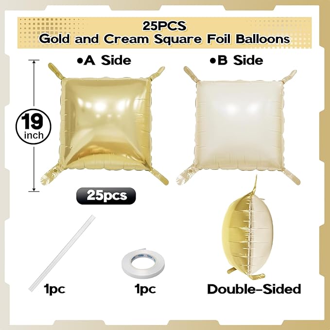 White Gold Square Foil Balloons, 25PCS Double Sided Cream Metallic Gold Square Balloons Backdrop Wall Beige Gold Elegant Balloon Background Decorations for Boho Birthday Wedding Engagement Baby Shower