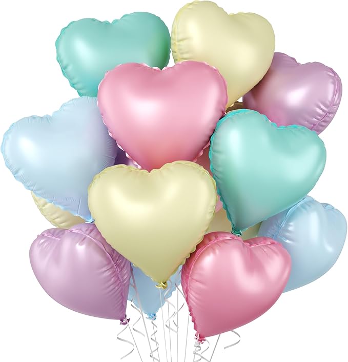 Pastel Heart Balloons, 10 Pcs Macaron Heart Shape Balloon, 18 Inch Pastel Pink Purple Teal Blue Yellow Foil Valentines Balloons for Kids Candy Birthday Wedding Baby Shower Easter Party Decorations