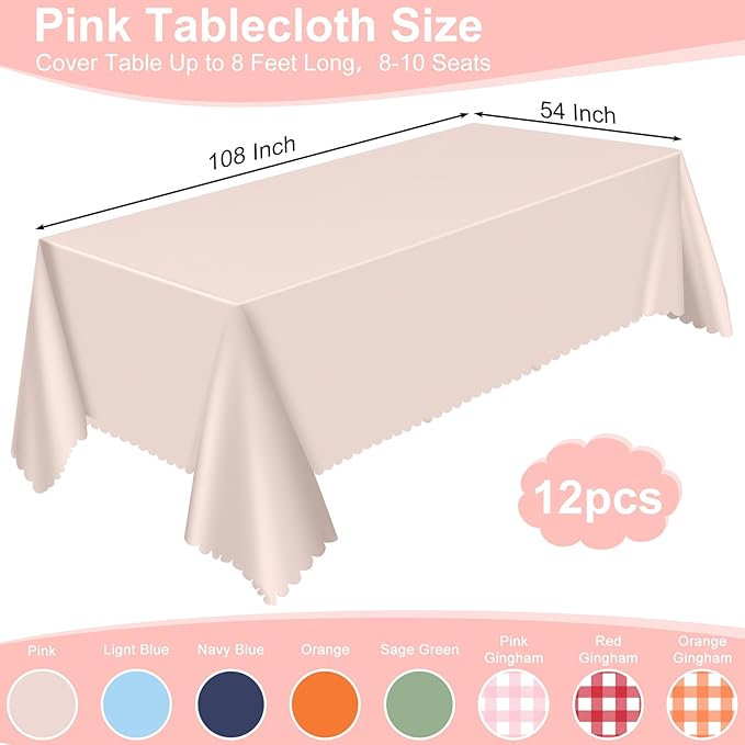 12 Pack Plastic Light Pink Tablecloths, 54 X 108Inch Baby Pink Tablecloth Scalloped Mother's Day Table Cloth for Rectangle Tables Disposable Table Cover for Easter Bridal Shower Tea Party Wedding
