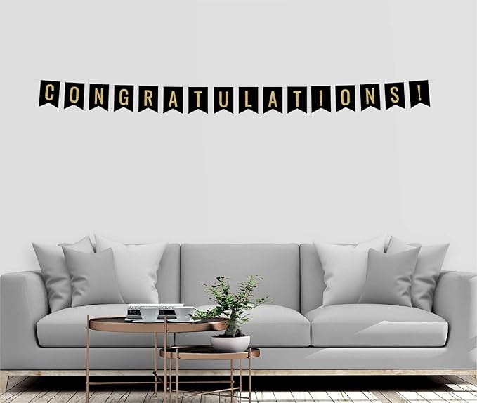 Andaz Press Faux Gold Glitter on Black Party Banner Decorations, Congratulations!, Approx 5-Feet, 1-Set, Birthday Wedding Baby Shower Colored Hanging Pennant Decor