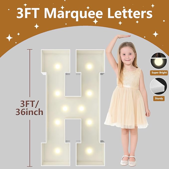3FT Marquee Light Up Letters, Large Marquee Letters, Pre-cut Foam Board Letter H for Engagement Wedding Decorations Birthday Party Backdrop Decor, Balloon Arch Kit