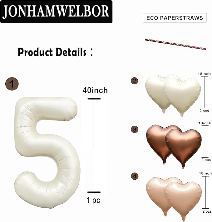 Jonhamwelbor 40 inch Number 5 Balloon Cream White Large Big Foil Helium Mylar Number Balloons with Heart Balloons for Girl Boy five Year Old 5th Birthday Party Decoration (40 inch Cream 5)