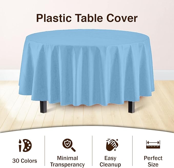 Exquisite 12-Pack Premium Plastic Tablecloth 12-Pack Premium Plastic Tablecloth 84in. Round Table Cover - Light Blue