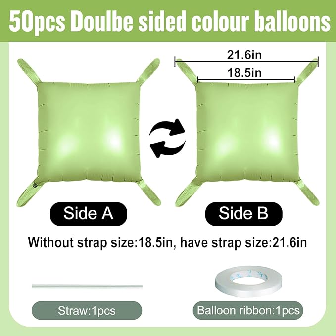 50Pcs Olive Green Square Foil Balloons Wall Backdrop, Double Sided Metallic Foil Balloons Tunnel Arch Garland Kit for Photo Booth Birthday Wedding Halloween Christmas Party Decorations