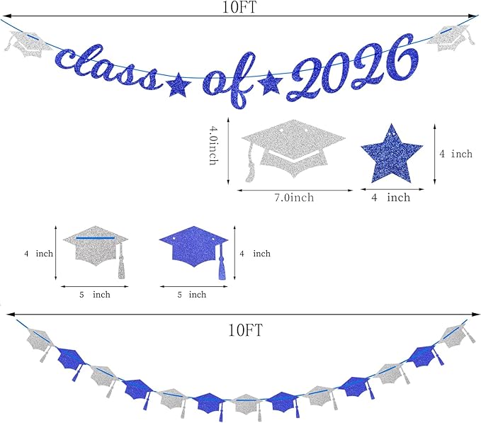 Navy-Blue White-Silver Party-Decoration Graduation Banner - 14pcs Kits Cap Garland Streamers, Royal Paper Tissue Pom Poms Flowers Fans Honeycomb,Class Of 2026 College High School Grad Decor Hugfond