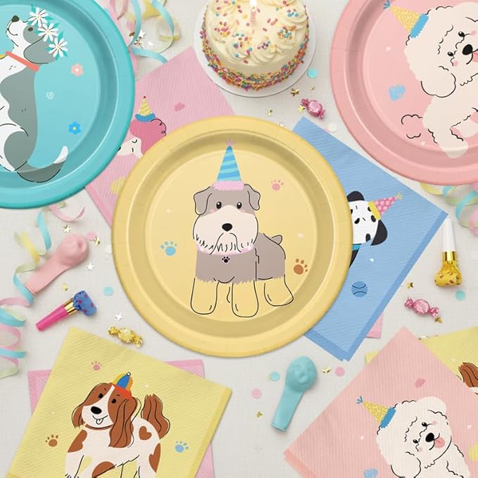 48Pcs Pet Dog Birthday Party Plates and Napkins for Kids Baby Shower Tableware Pet Dog Supplies Retro Puppy Birthday Party Decorations