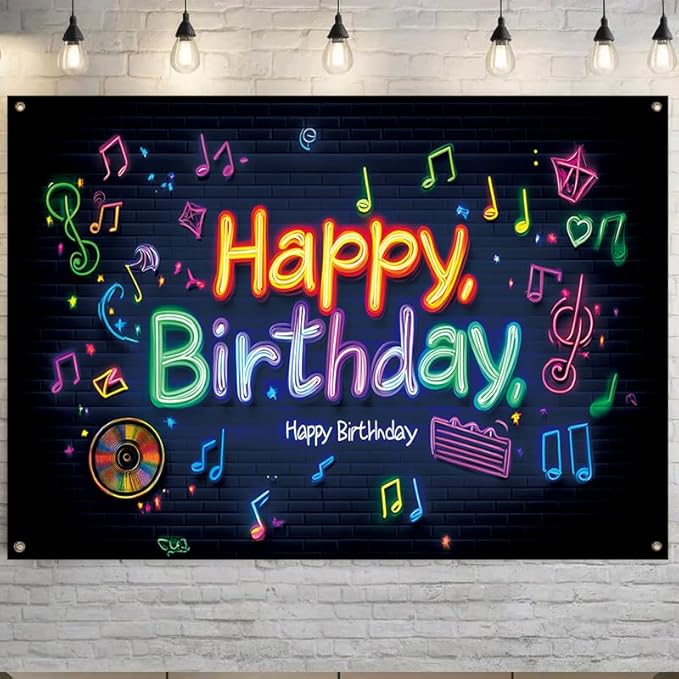 large 71x43 inch neon effect birthday porch banner suitable for indoor/outdoor birthday party decoration, with colorful music symbols, waterproof fabric suitable for terrace, courtyard, home and event decoration