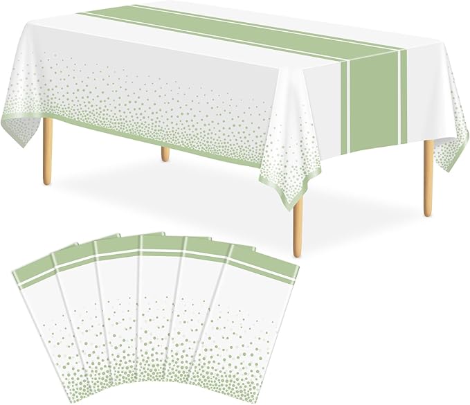 6 Pack White and Sage Green Tablecloth Party Decorations Plastic White Tablecloth Printed Sage Green Table Runner 54 x108 Inch Disposable Rectangle Table Cover for Birthday Wedding Graduation