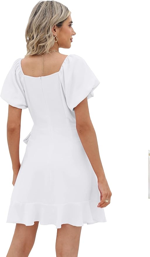Sampeel Womens Summer Dresses Square Neck Puff Sleeve Tie Waist Short Dress