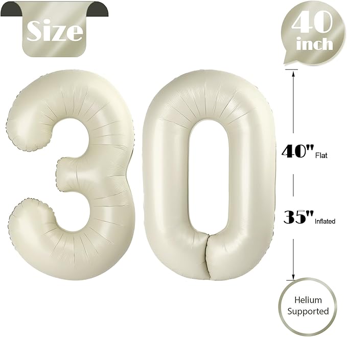 30 Balloon Number, Cream Number 30th Birthday Balloons 40 Inch, 30 Years Old Cream Birthday Decorations for Men Women, 30th Anniversary Decorations