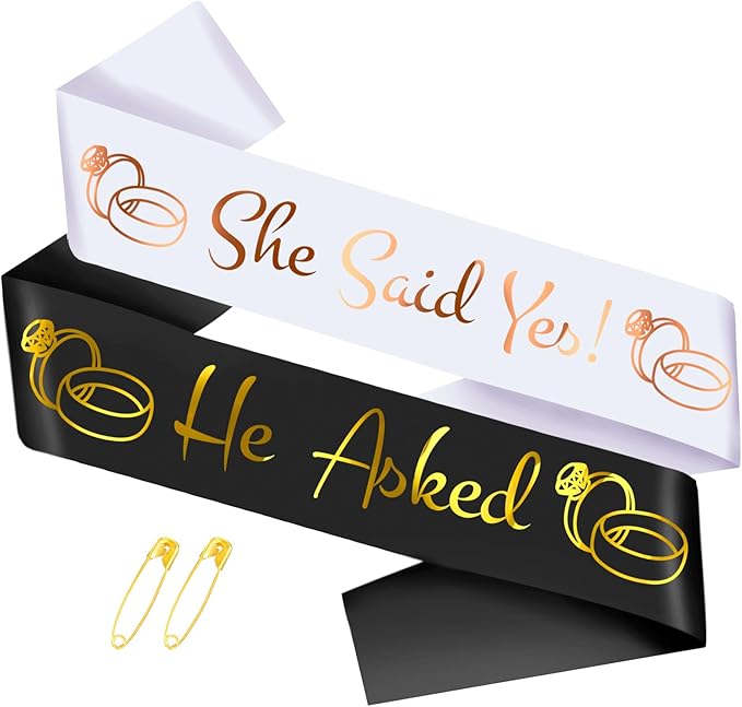 He Asked & She Said Yes Sashes Kit, Funny Rose Gold Bride to Be Sash & Gold Groom to Be Sash for Wedding Engagement Bachelorette Bridal Shower Party Decor Favors Funny Gifts (White and Black)