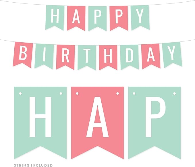 Andaz Press Hanging Pennant Banner Party Decorations, Seafoam Mint Green, Coral, Happy Birthday, 1-Pack, Approx. 5-Feet, Nautical Ocean Themed Decor