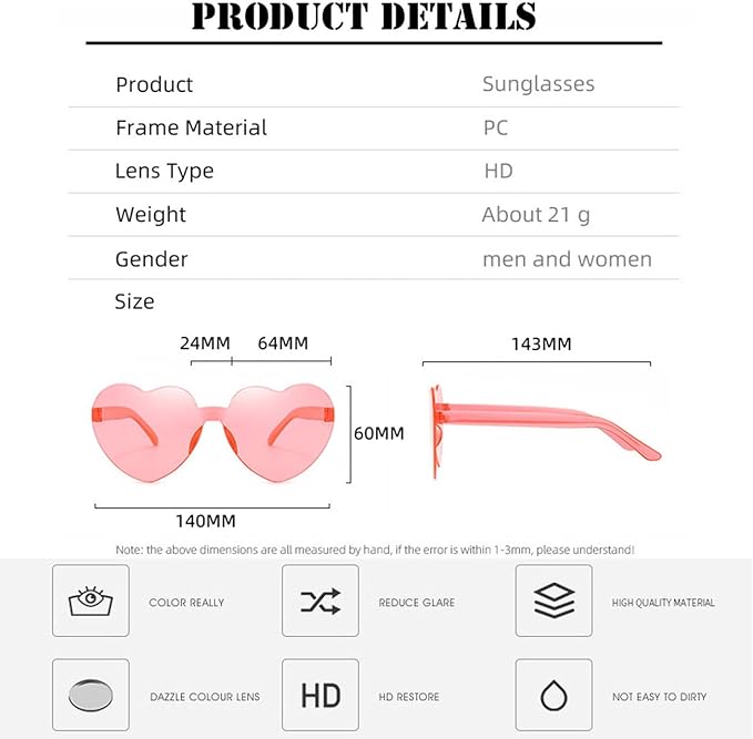 20 Pack Heart Sunglasses for Women Candy Transparent Rimless Bulk Heart Shaped Glasses for Bachelorette Party Favors